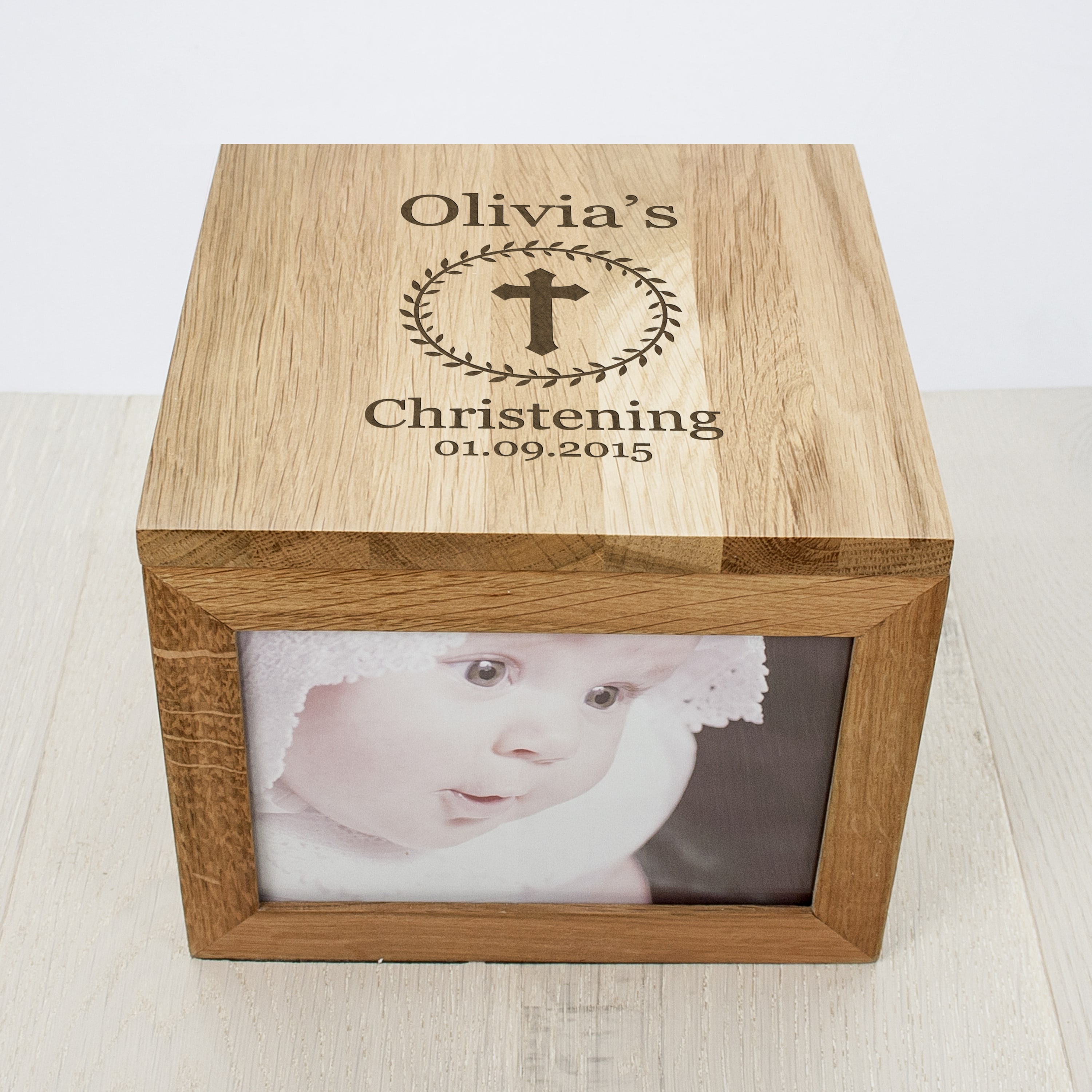 Christening Cross Oak Photo Keepsake Box
