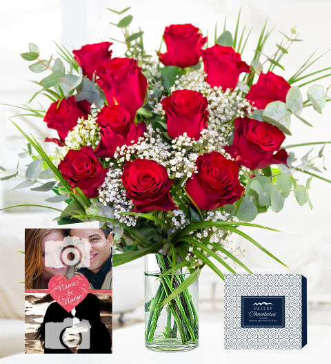 Classic Red Roses  Free Chocs  12 Red Roses With Personalised Valentines Day Card - Valentines Flowers  Valentines Day Flowers