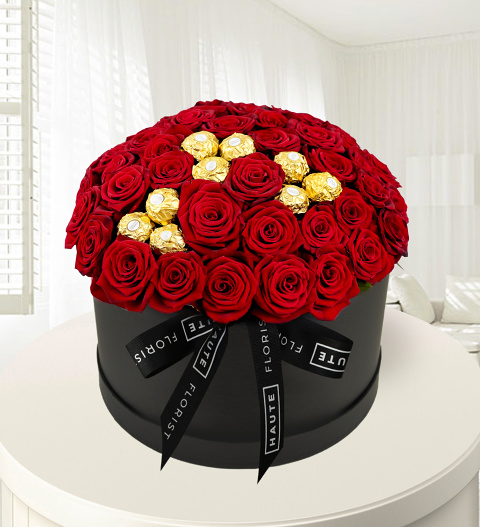 Ferrero Rose Hat Box - Red Roses - Luxury Roses - Luxury Red Roses - Flowers In A Hat Box - Luxury Flowers  Luxury Valentines Flowers