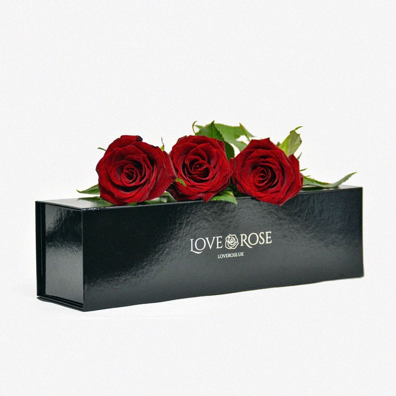 3 Single Red Roses In Luxury Box