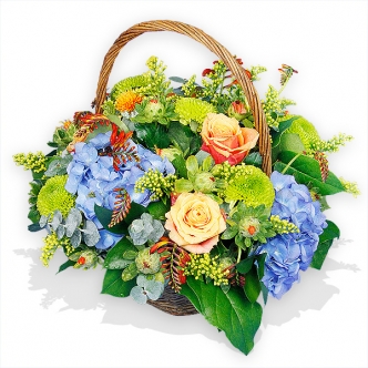 Country Basket With Roses And Hydrangeas