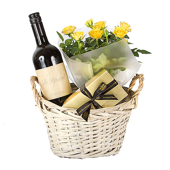 Red Wine Gift Basket Yellow Roses
