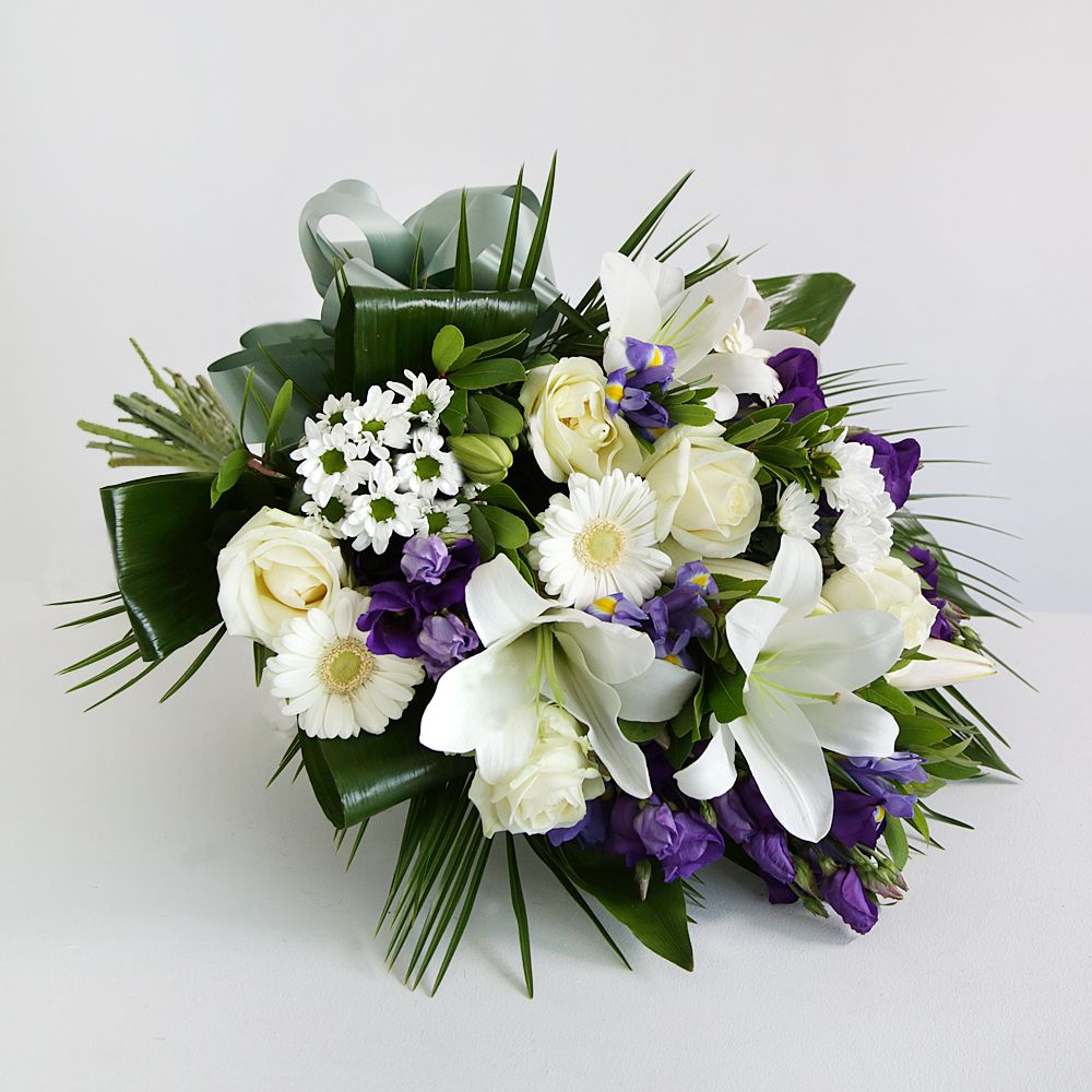White Lily Blue Iris Funeral Sheaf