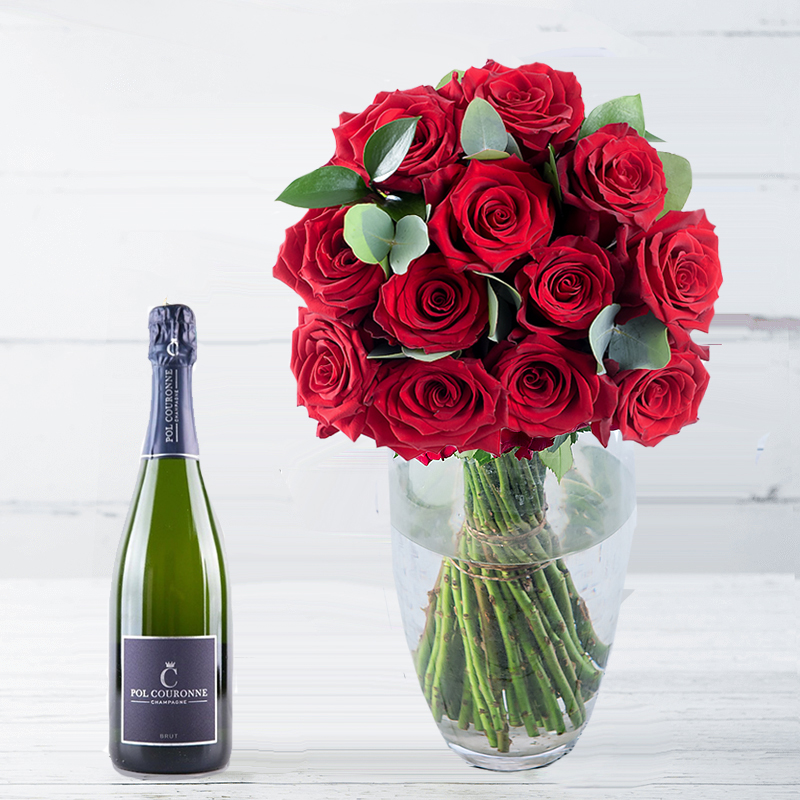 A Dozen Grandeur Red RosesandPol Couronne Champagne