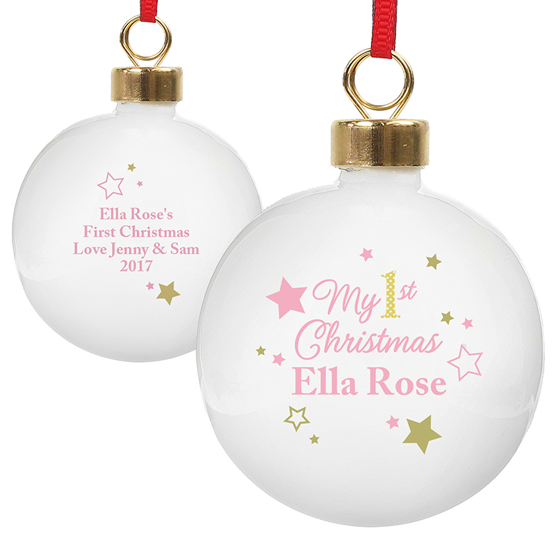 Personalised GoldandPink Stars My 1st Christmas Bauble