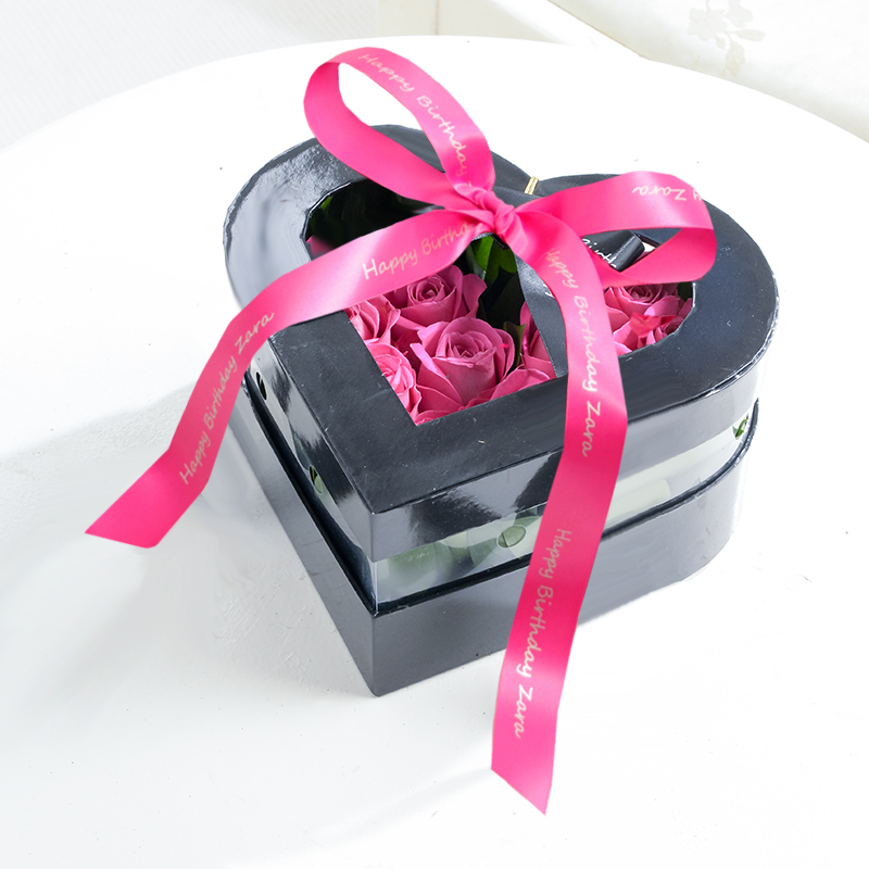 Pink Rose Heart Box With Personalised Ribbon
